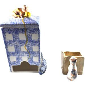 Ceramic Cat Tea bag Jar & Lid Blue Checkered Yellow Orange sugar packet holder